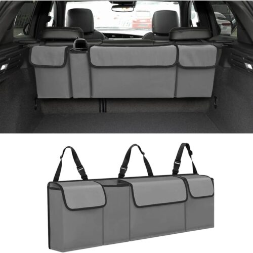 Large hanging car trunk storage bag with waterproof foldable design and adjustable straps.