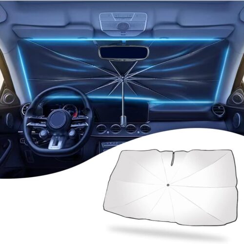 Car sun shade cover with opening design, foldable, UV protection.