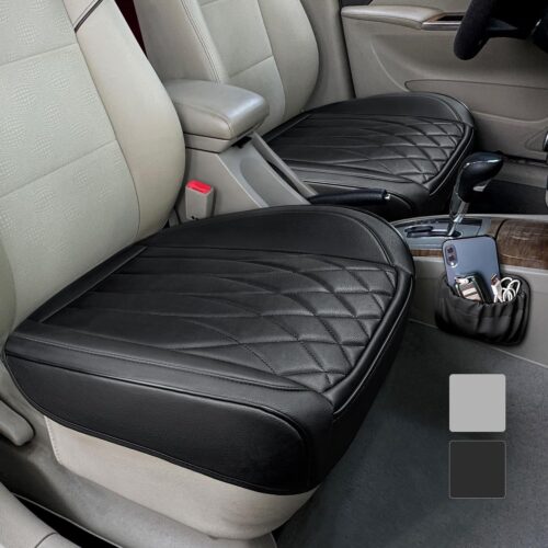 Leather front car seat cover with storage pocket, waterproof, anti-slip, universal fit.