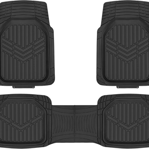 Heavy duty rubber car floor mats with custom trim design and waterproof protection.