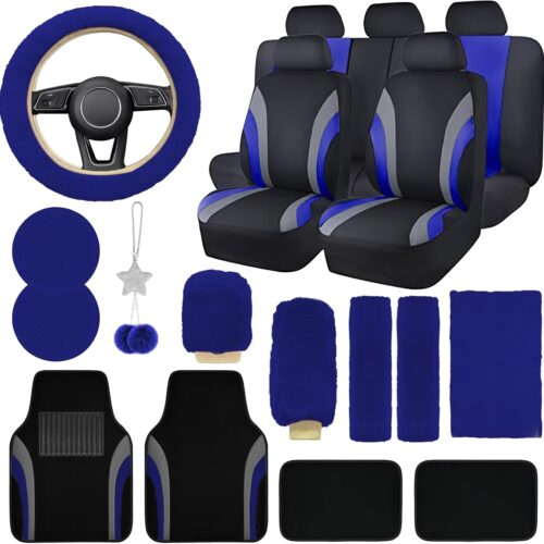 Car interior accessories set with seat covers, floor mats, and steering wheel cover.