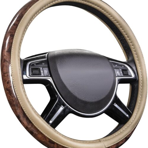 Wood grain microfiber leather steering wheel cover with anti-slip, 14.5-15 inch fit.