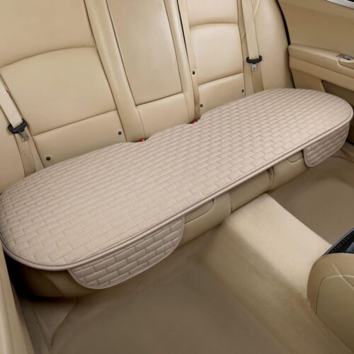Rear car seat cover with storage pocket and protective cushion pad.