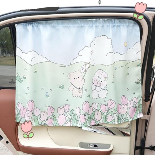 Car side window sun shade with suction cups and heat blocking.