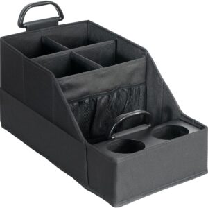 Backseat car organizer with multiple storage compartments and metal cup holders.