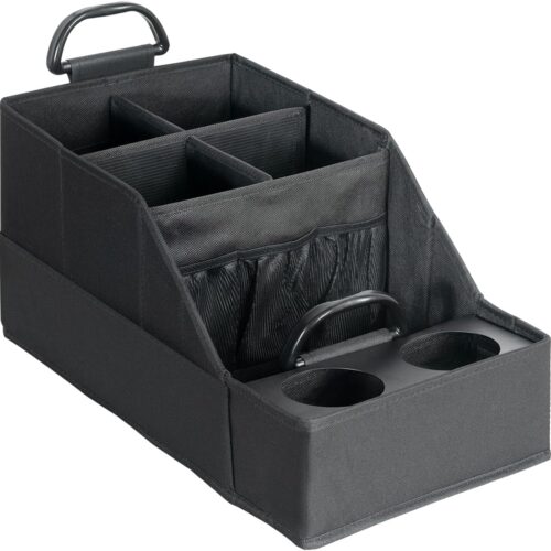 Backseat car organizer with multiple storage compartments and metal cup holders.