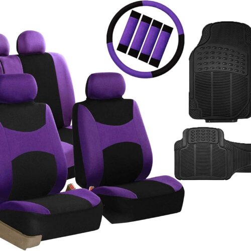 Car interior accessories set with seat covers, steering wheel cover, and floor mats.