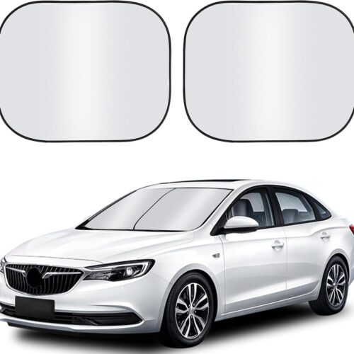 Set of 2 foldable car front window sunshade with silver coated reflective material.