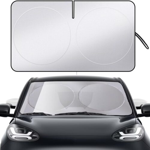 Foldable front window sun shade with reflective fabric, UV protection, universal fit.