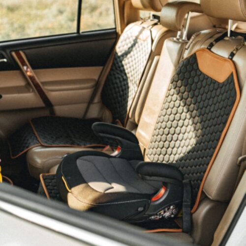 Car seat protector for child seats with waterproof scratch resistant protection.