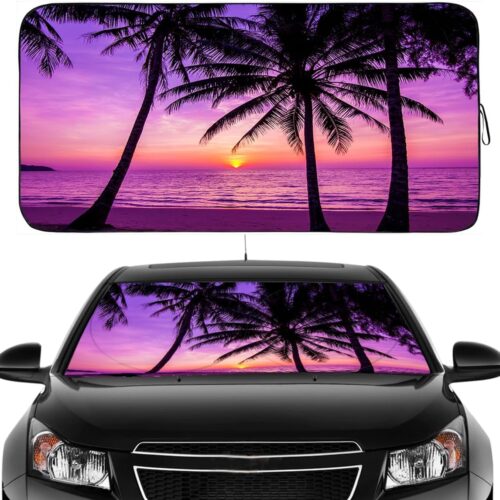 Foldable cute sun windshield shade with UV protection and heat reduction.