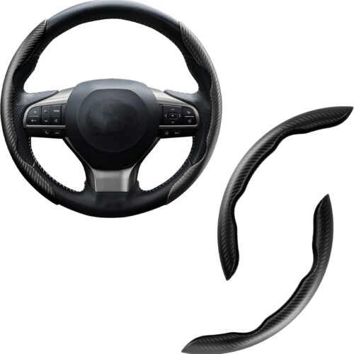 Set of 2 carbon fiber anti-skid steering wheel covers, universal fit.