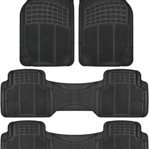 Front and rear heavy duty rubber car floor mats with all weather protection.