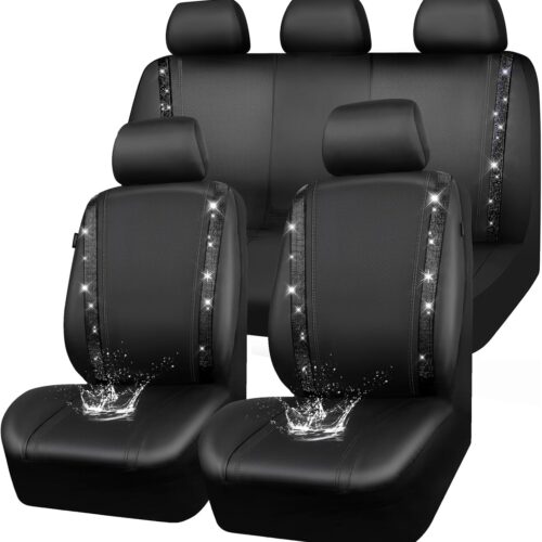 Leather seat covers with diamond rhinestone bling, waterproof durable.