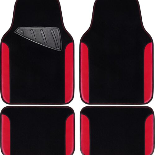 Waterproof leather car floor mats with heel pad and anti-slip backing.