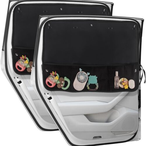 Car side window sun shade curtains with storage pockets and suction cups.