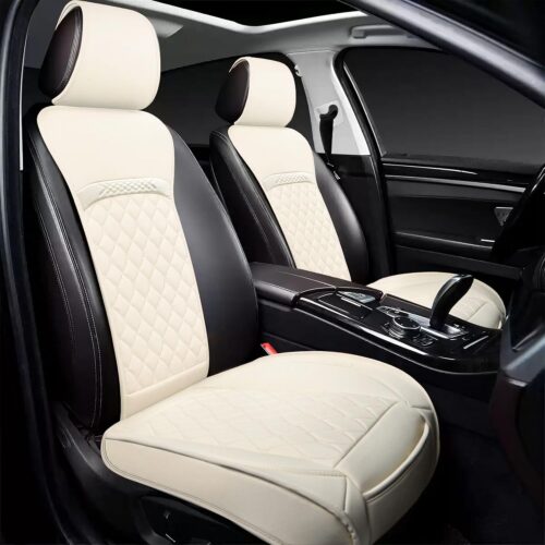 Two-tone leather seat covers with breathable mesh, universal fit.