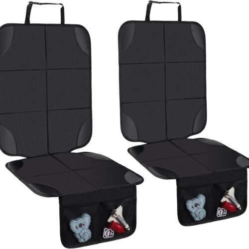 Seat protector cushions with thick padding, non-slip backing, waterproof fabric with storage pockets.
