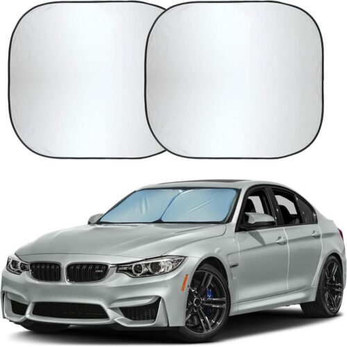 Foldable front windshield sun shade for sun heat and UV protection.