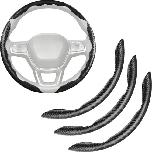 Set of 3 carbon fiber steering wheel covers, anti-skid, fits 14.5-16 inch wheels.
