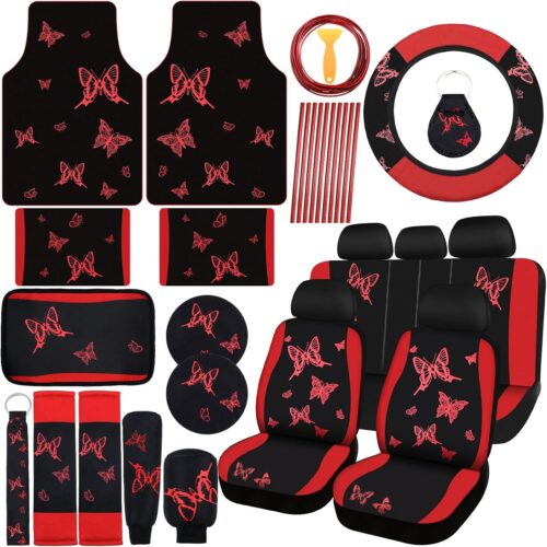 Butterfly style car interior accessories set with seat covers and decorative items.