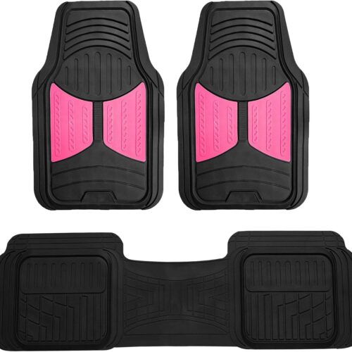 Heavy duty pink rubber car floor mats with trim-to-fit universal design.