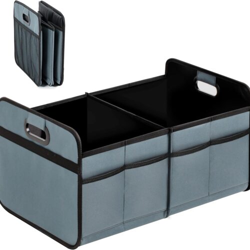 Collapsible car trunk organizer with dual compartments and waterproof Oxford material.