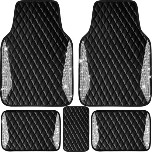Crystal rhinestone glitter car floor mats with anti-slip waterproof carpet design.
