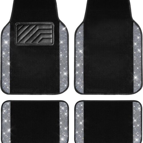 Sparkling crystal rhinestone car floor mats with waterproof heel pad and decorative style.