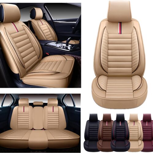 Faux leather car seat covers full set with waterproof cushion protector.