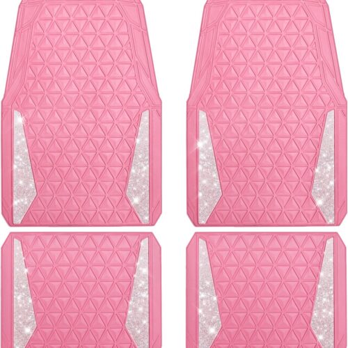 Diamond pattern rubber car floor mats with rhinestone crystal design and waterproof protection.
