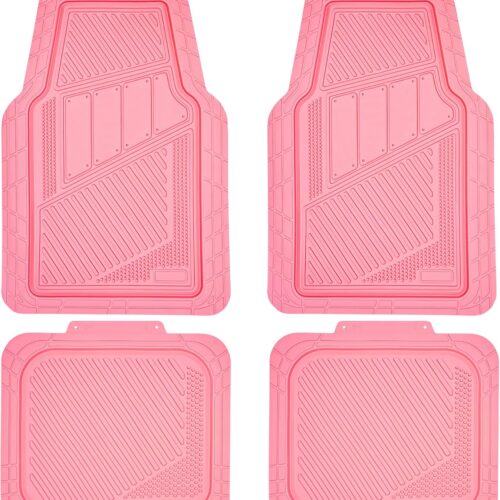 Pink heavy duty rubber car floor mats with all weather waterproof protection.