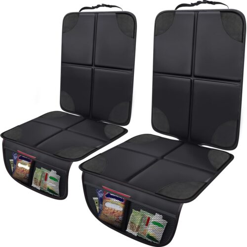 Child car seat protector mat with thick padding and waterproof fabric.