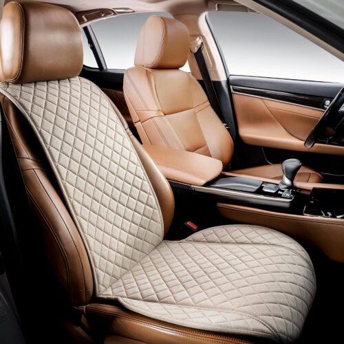 Faux linen front seat covers, durable non-slip, universal fit.