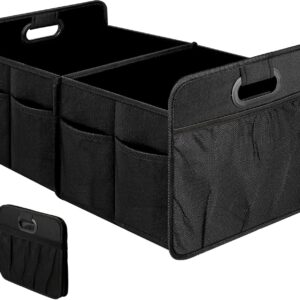 Waterproof collapsible car trunk organizer with multi-purpose storage.