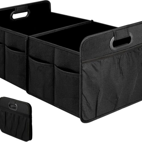 Waterproof collapsible car trunk organizer with multi-purpose storage.