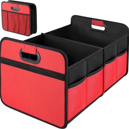 Collapsible car trunk organizer with dual compartments and waterproof storage.