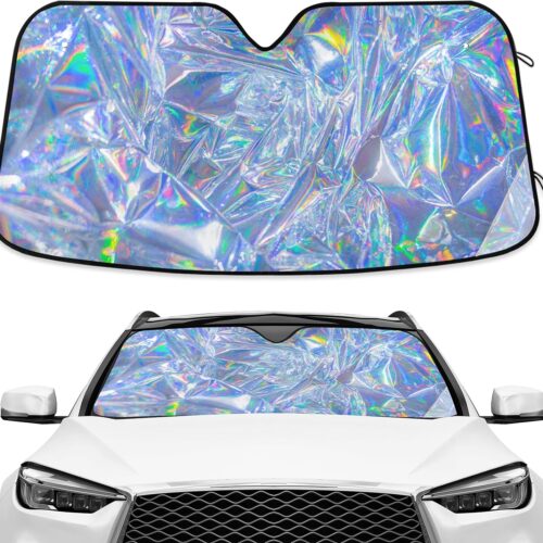 Holographic windshield sun shade with accordion folding design, reflective.