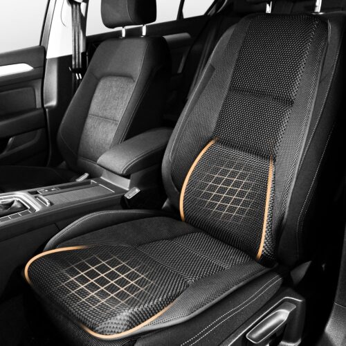 Memory foam car seat cushion with breathable mesh, back pain relief, universal fit.